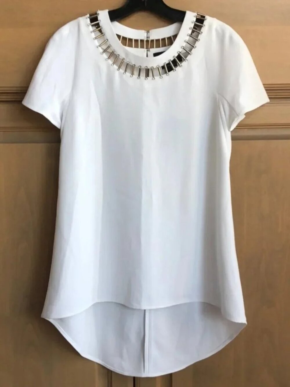 New St. John Couture relaxed boxy fit longline hand-beaded cutout ladder tunic